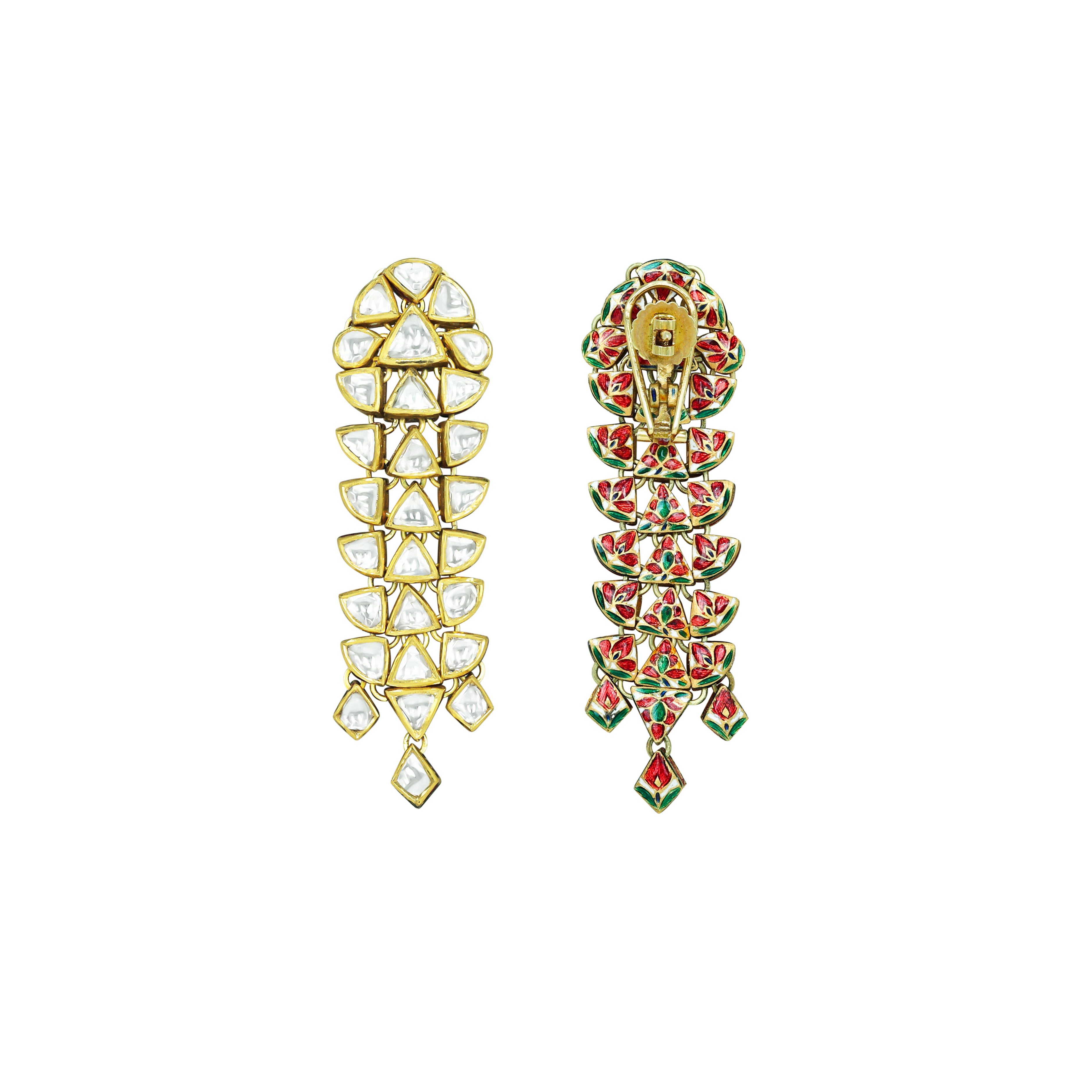 Tiered Polki Drop Earrings with Geometric Design